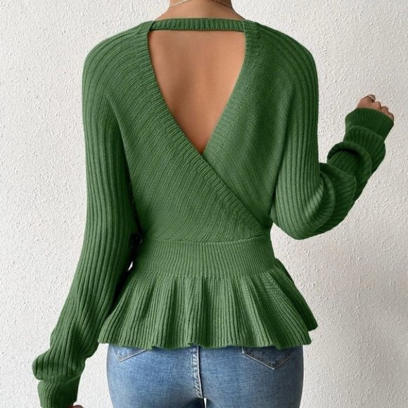 Green Preppy Womens Peplum Sweater - Picture 3 of 5